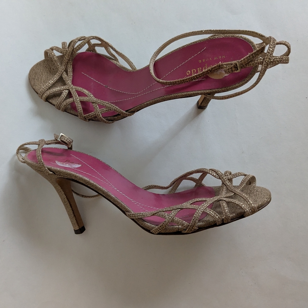 Kate Spade Geneviev Strappy Leather High Heel size 7 bronze metallic fabric